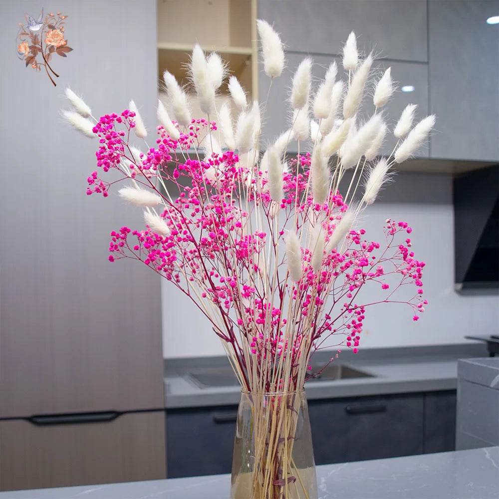 bouquet fleurs séchées orange rose bleu blanc vase transparent décoration naturelle rustique maison