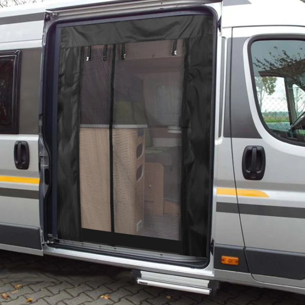 moustiquaire camping car van porte anti insectes filet gris noir fixations cordons intérieur véhicule
