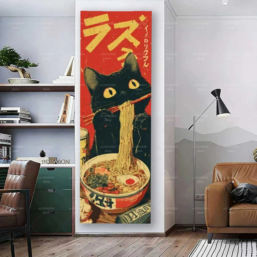 affiche murale vintage chat noir nouilles rouge jaune pop art 150cm 40cm