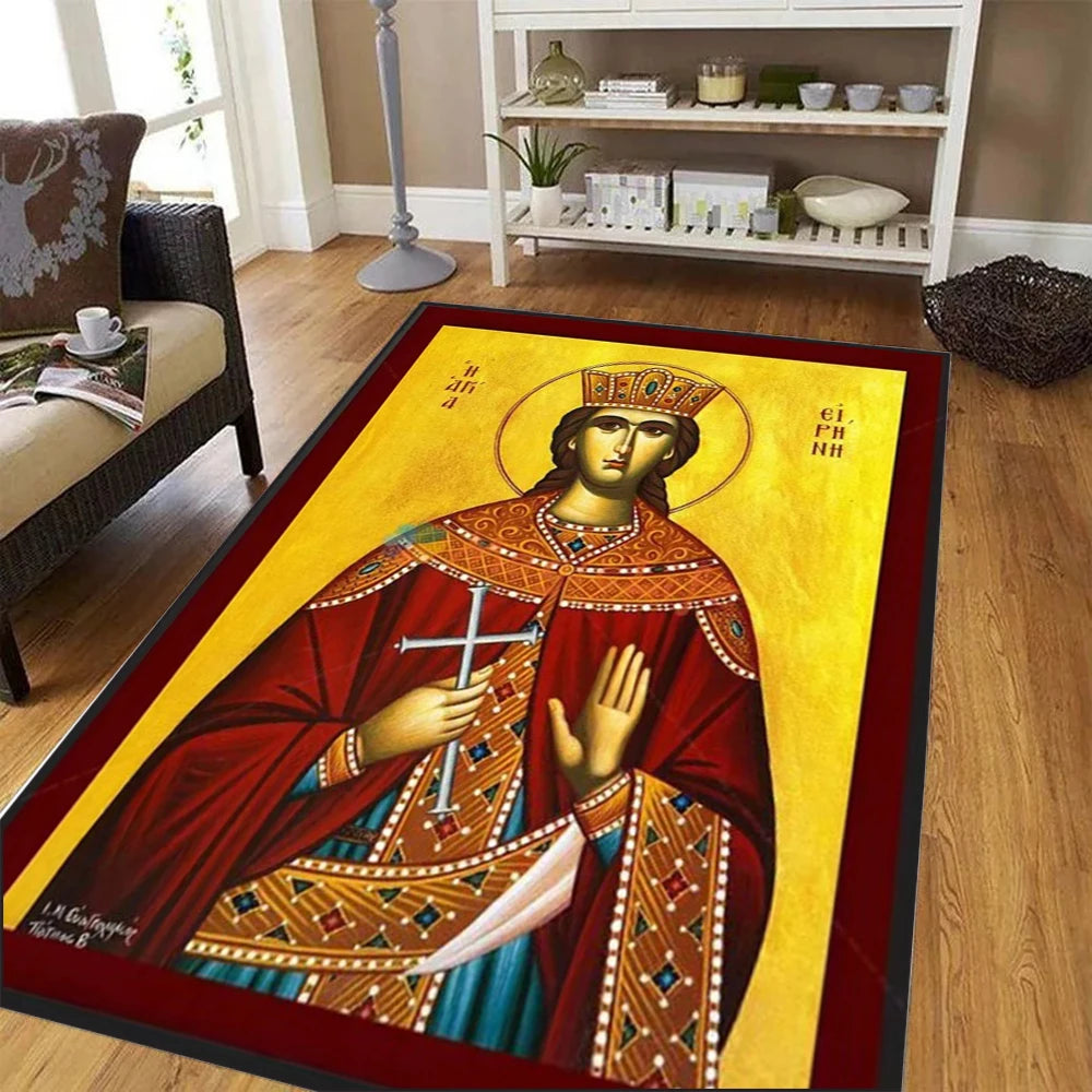 tapis religieux icône orthodoxe rouge bleu doré motif traditionnel salon chambre maison décoratif moderne