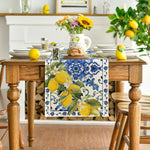 table cheminement lin motif floral citrons fleurs blanc bleu jaune vert table salle manger
