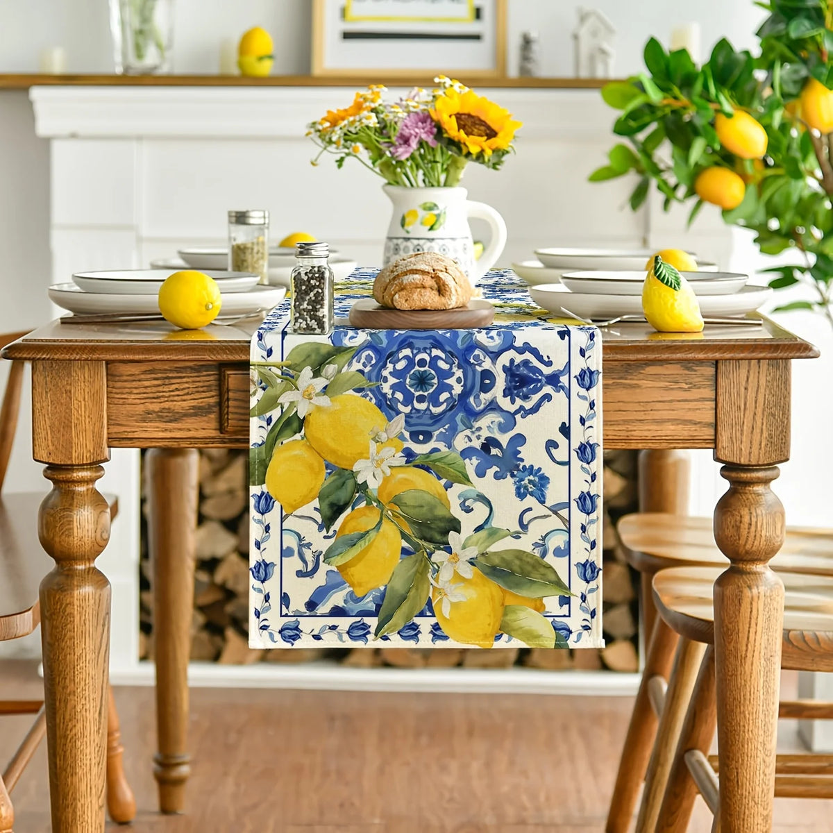 table cheminement lin motif floral citrons fleurs blanc bleu jaune vert table salle manger