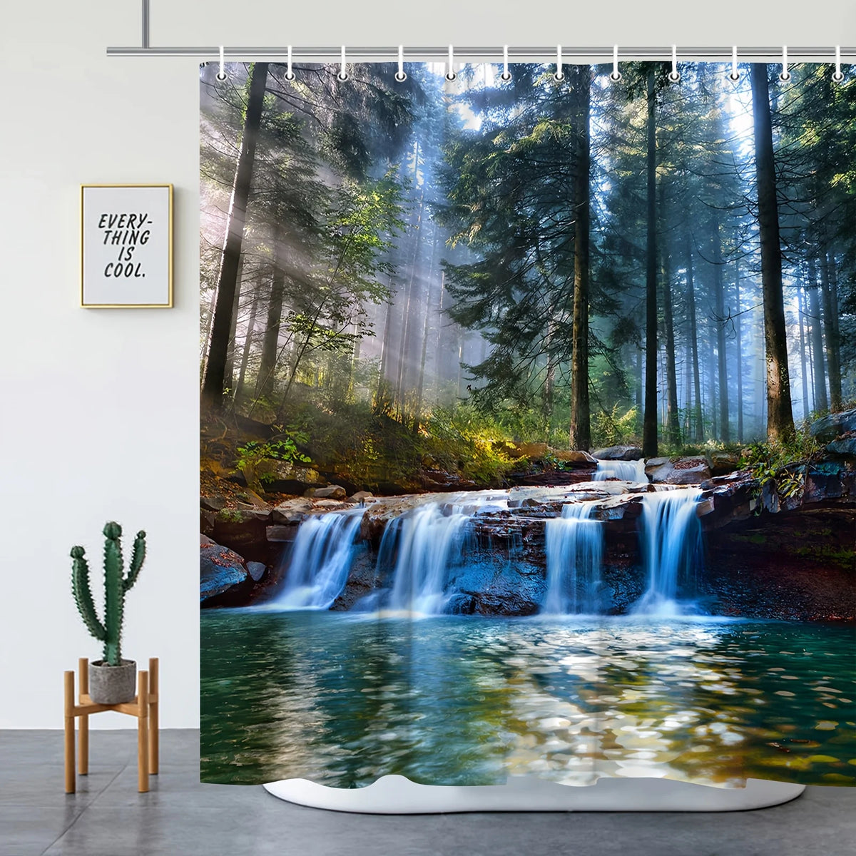 rideau douche moderne paysage forestier cascades opacité polyester blanc enchanteresse anneaux métal machine