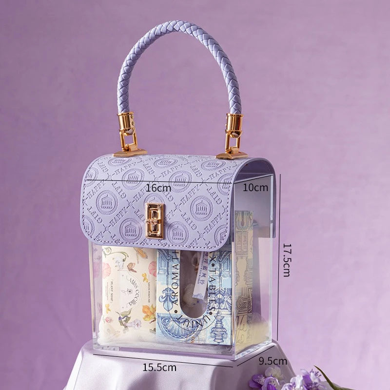 sac main transparent acrylique moderne géométrique blanc orange violet noir rouge vert chic poignée
