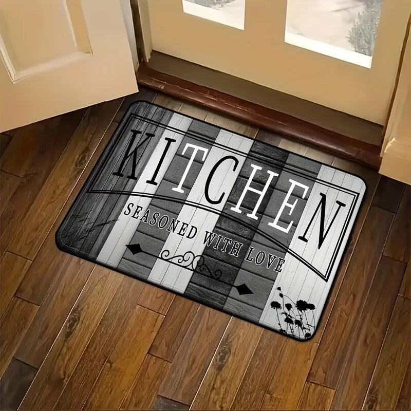 tapis cuisine imperméable anti dérapant lettres motifs floraux moderne gris blanc