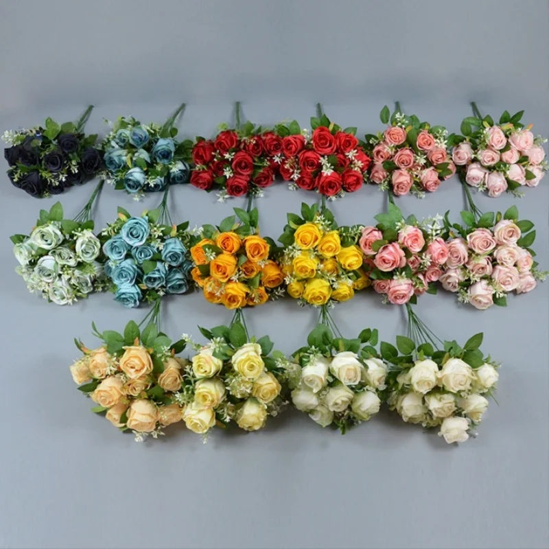 bouquet roses artificielles soie couleurs variées feuilles vertes modernes élégantes intérieur extérieur