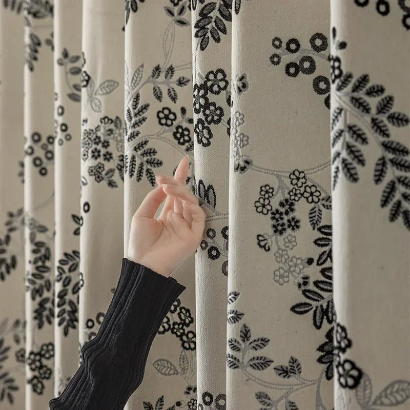 rideau moderne beige noir motif fleurs feuilles opaque salon chambre salon élégant tissu polyester