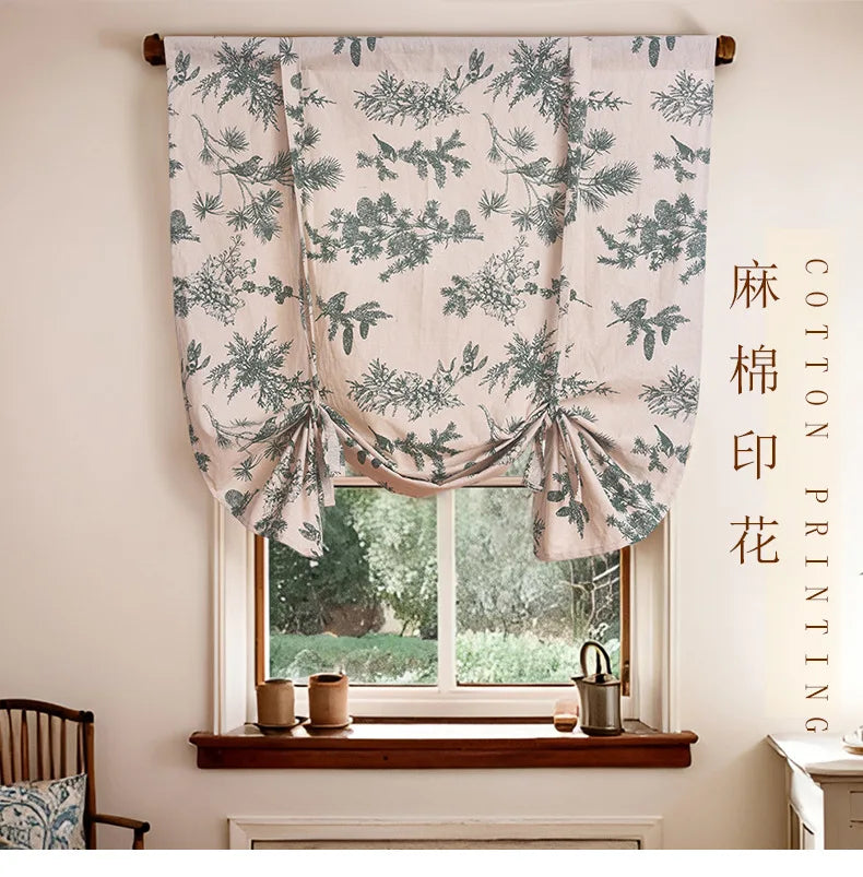 rideau imprimé végétal branches feuilles beige clair vert classique rustique fixations bois