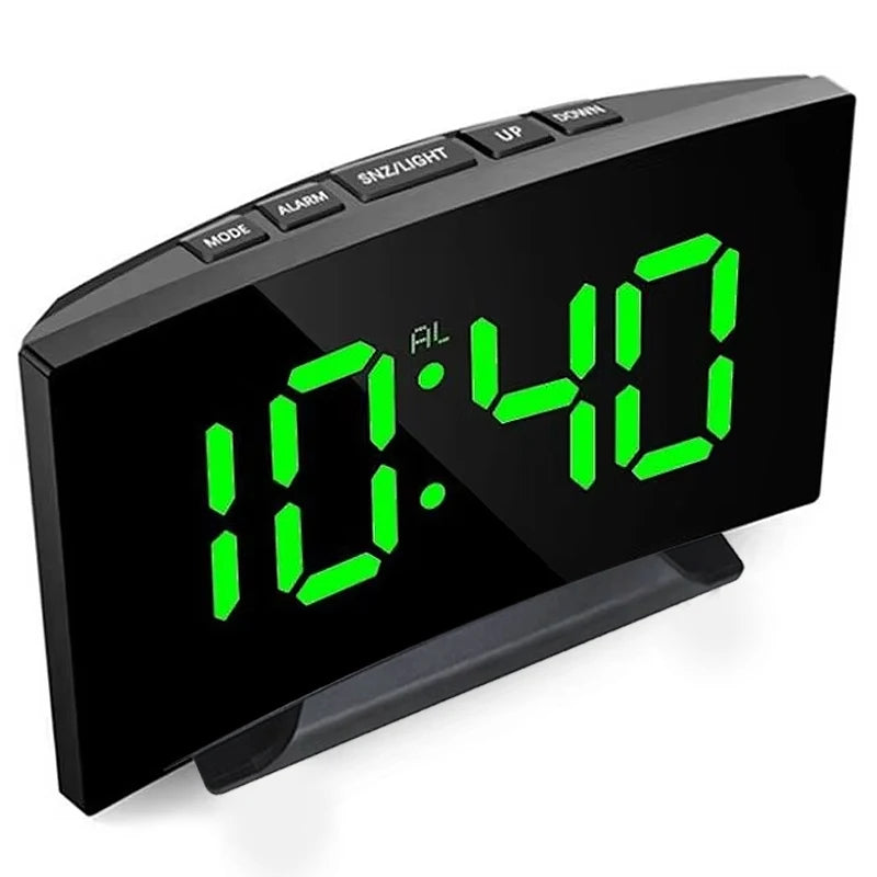 réveil numérique horloge miroir moderne minimaliste noir vert écran led température heure veille luminosité