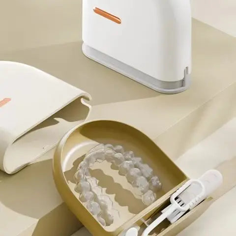 boîte rangement prothèse dentaire moderne beige clair foncé mat opacité nettoyage buccal pince prothèse