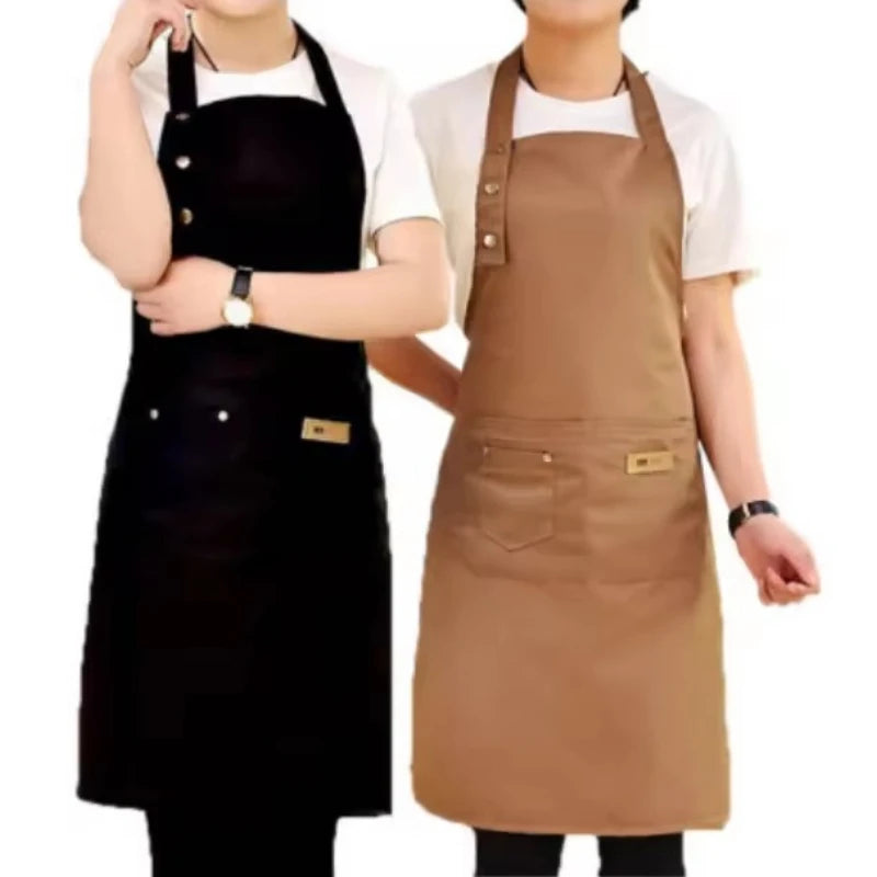 tablier cuisine imperméable noir beige uni classique poche boutons dorés ceinture ajustable femmes hommes