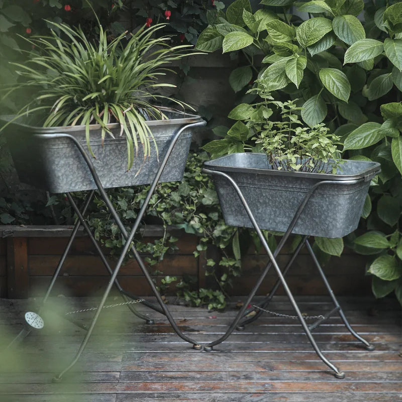présentoir plante vintage rustique métal gris texturé aspect vieilli sol fleur verte herbes aromatiques