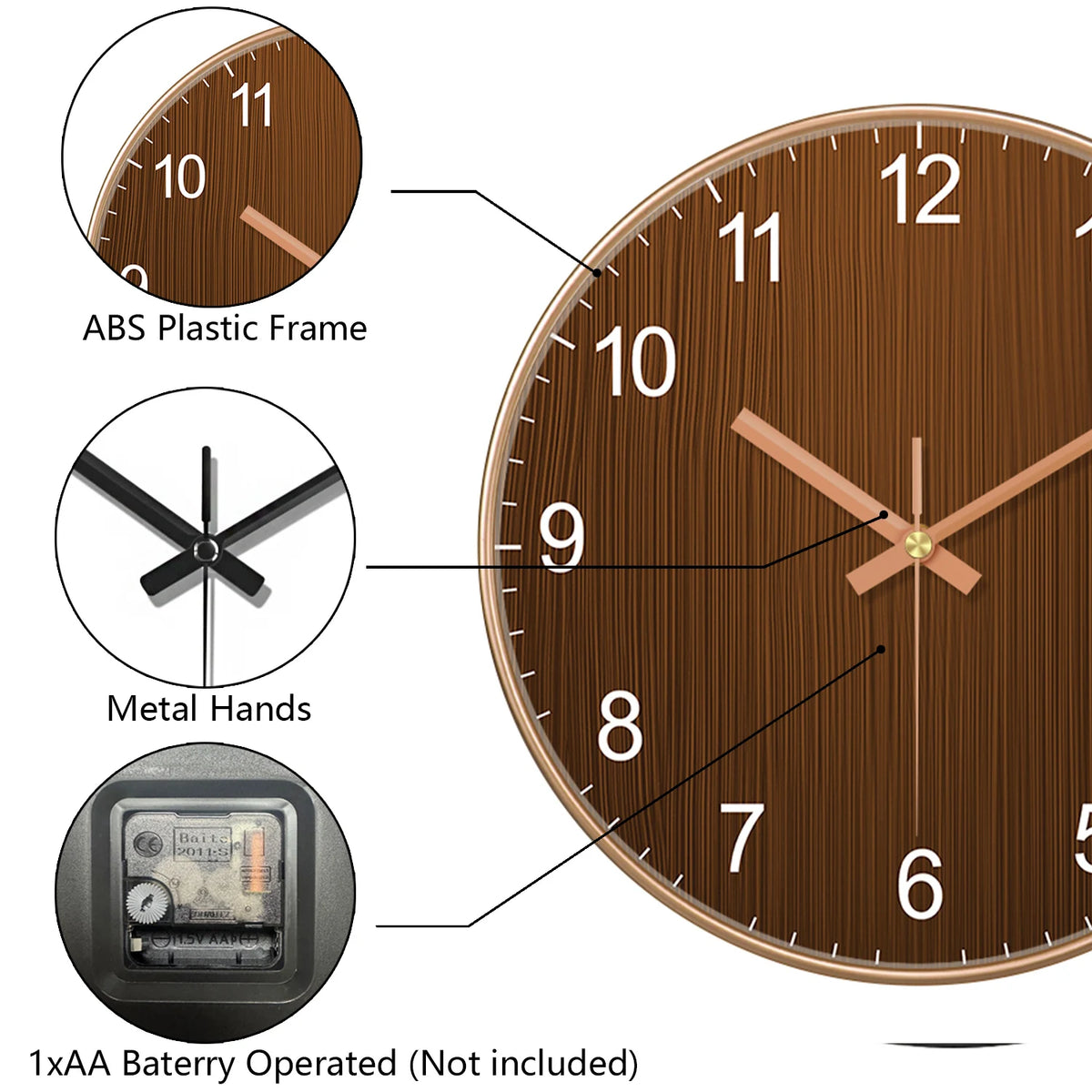 horloge murale bois grainé aiguille quartz minimaliste salon chambre moderne