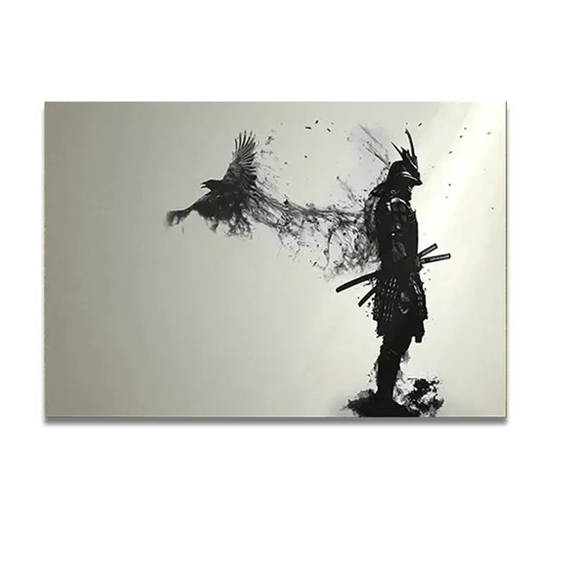 toile d'art samouraï corbeau abstrait noir blanc contemporain decoration maison salon