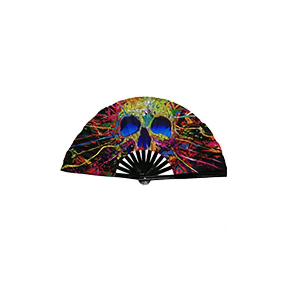 éventail pliant bambou tissu noir multicolore motif géométrique classique moderne
