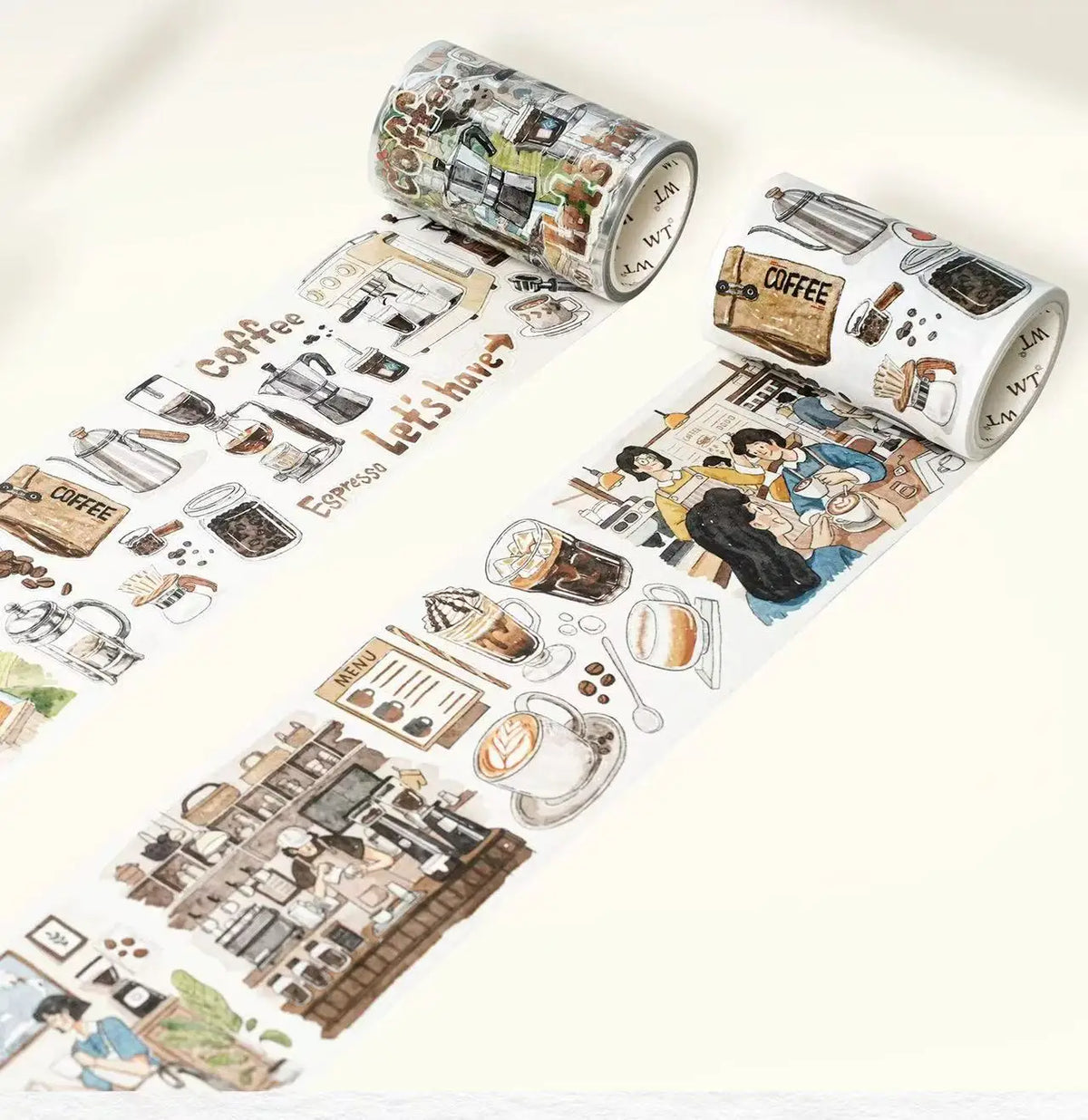 ruban decoratif illustrations personnes espresso lettres adhesif blanc marron bleu vert