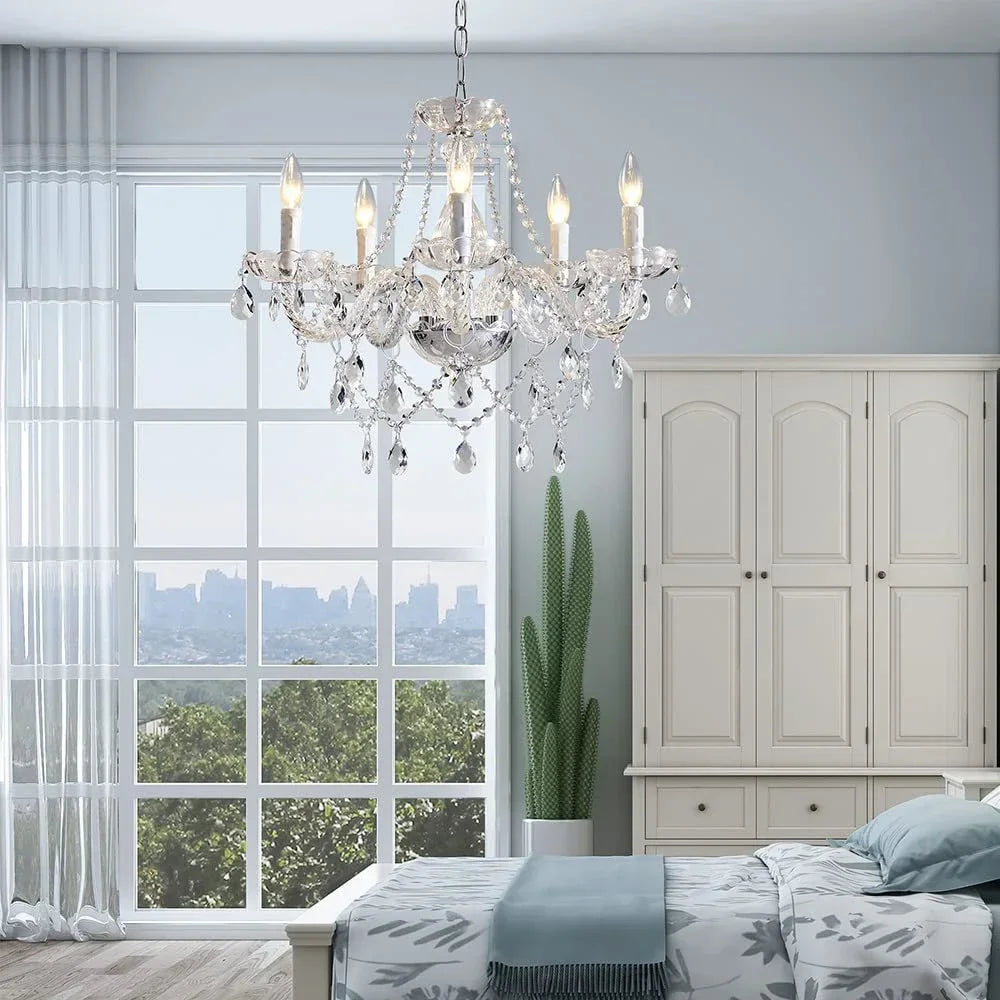 chandelier cristal transparent argenté classique baroque bougies led luminaire suspension salon chambre