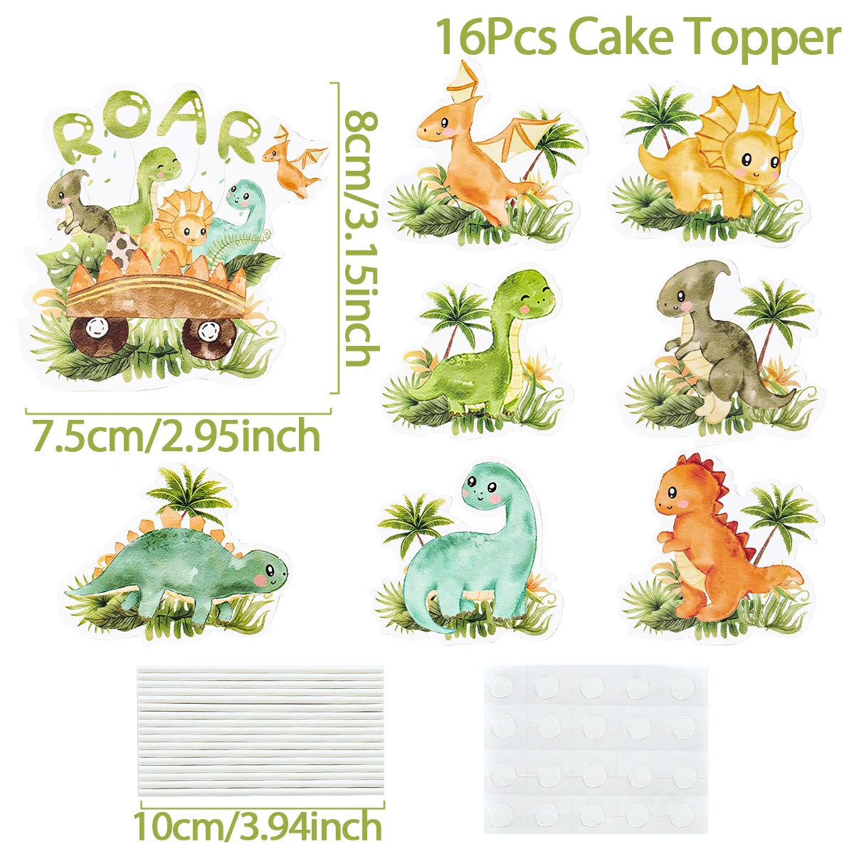 supports cupcakes dinosaures palmiers happy birthday assiettes gobelets sacs cadeaux vert orange blanc enfants