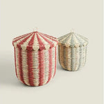 panier rangement rotin tissé rayé rouge vert blanc beige réutilisable organisation jouets linge maison
