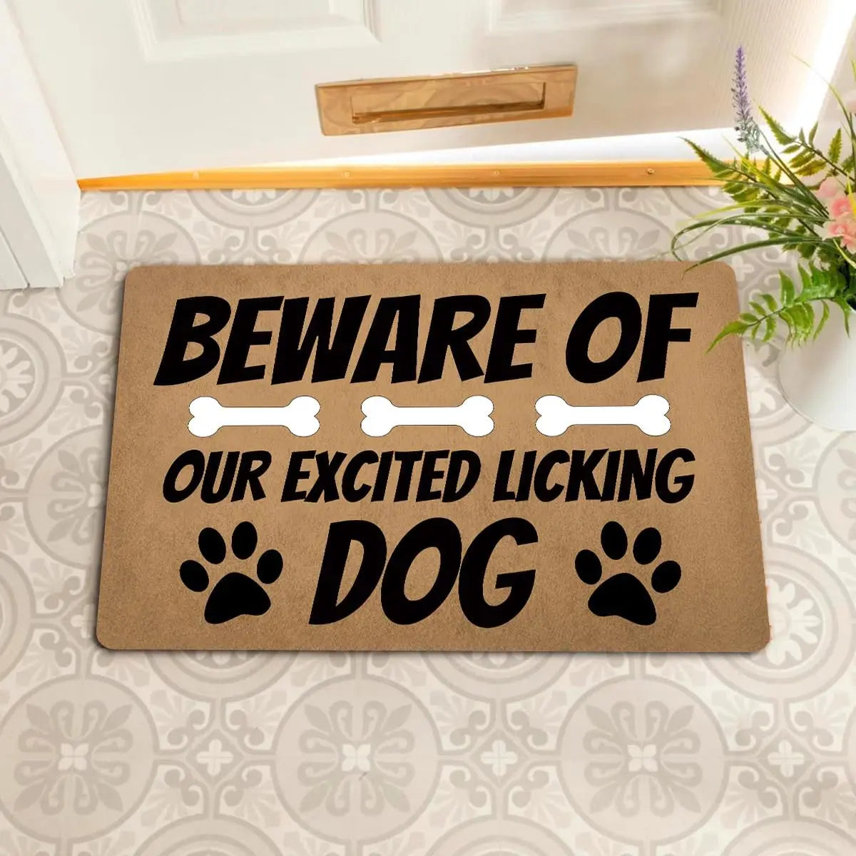 tapis d'entrée imperméable antidérapant imprimé os empreintes chiens moderne humoristique marron clair