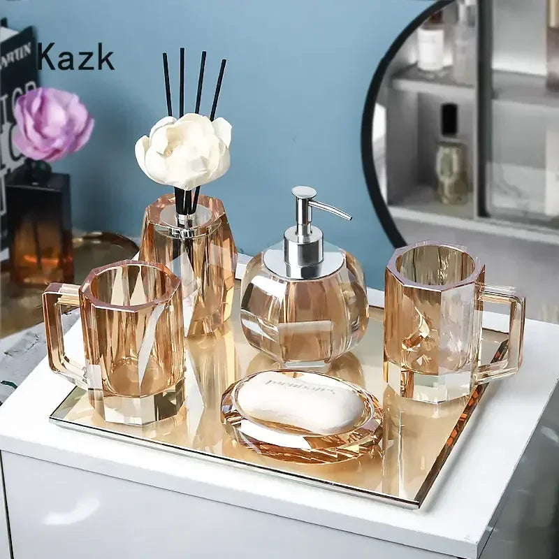 ensemble accessoires salle bain cristal transparent distributeur savon gobelet plateau doré luxe