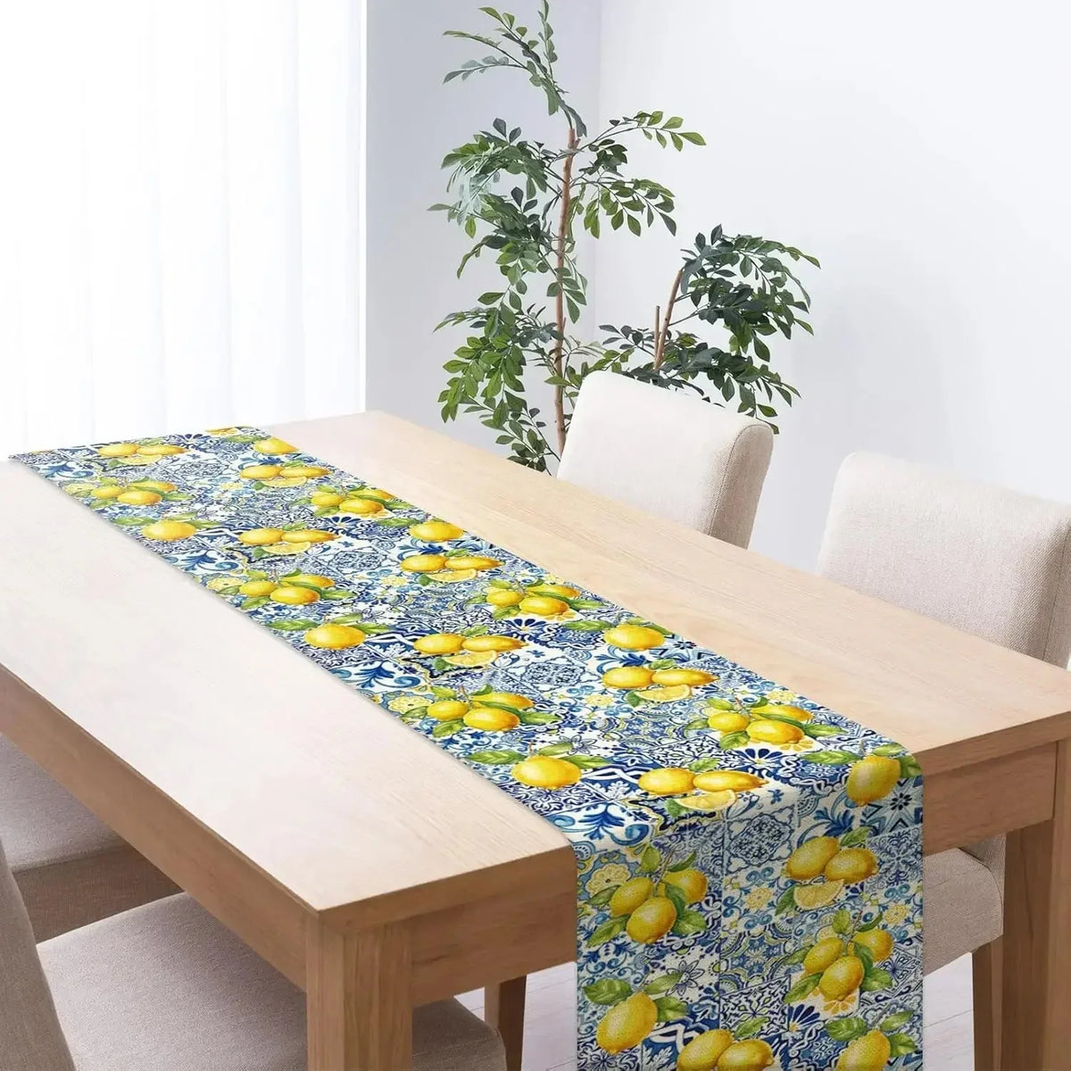 nappe lin bleu jaune motifs citrons géométriques rustique décoration méditerranéenne été printemps hiver noël