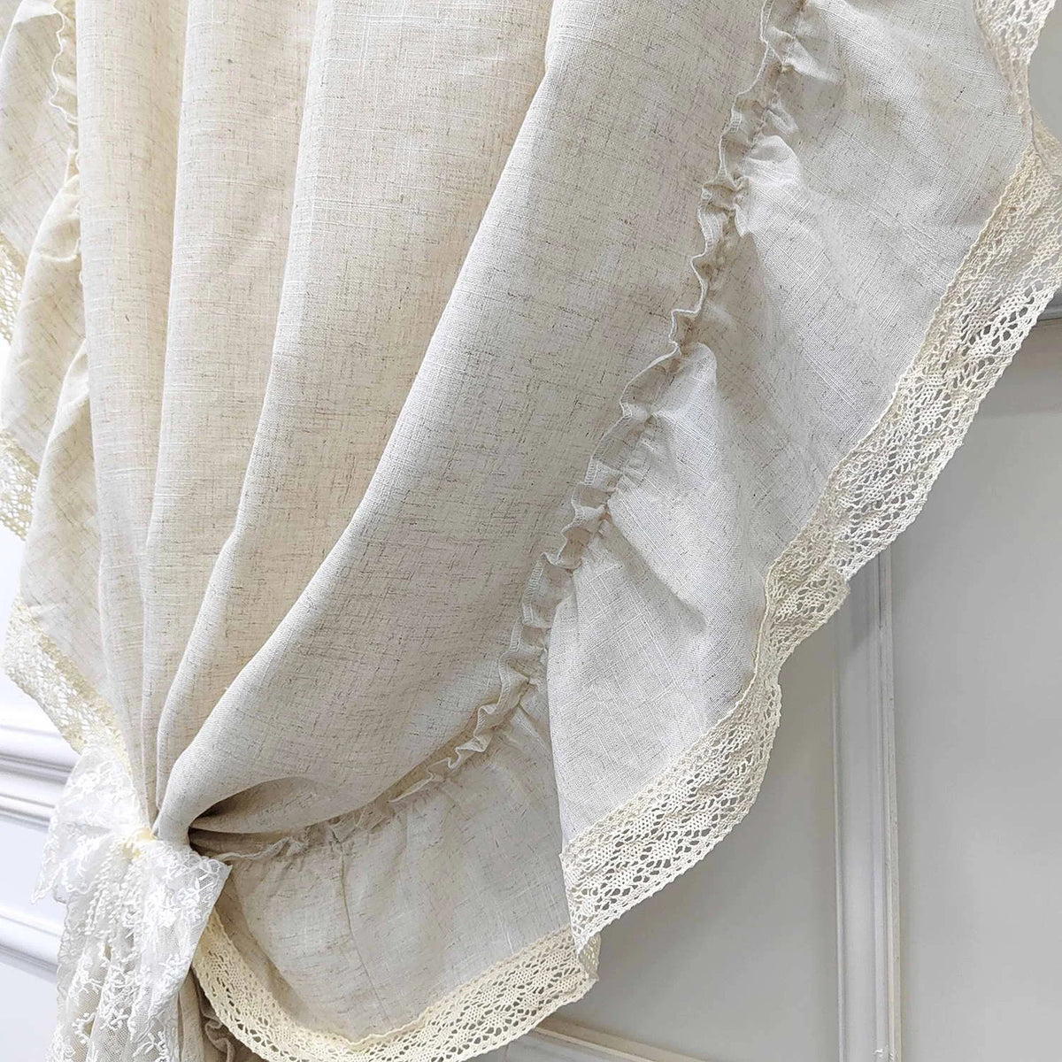 rideau vintage beige clair texture lin fleurs japonais coréen fronces décoratives maison
