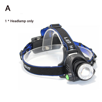 lampe frontale led rechargeable noir bleu rayures diagonales verre transparent mode zoom camping