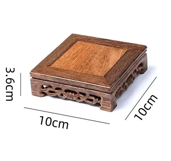 support bois sculpté plateforme plantes stand thé traditionnel artisanal gravures marron décoration jardin