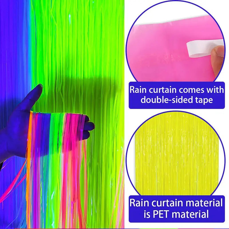 rideau pluie vert fluo moderne rayures horizontales adhésif double face anniversaire mariage festif