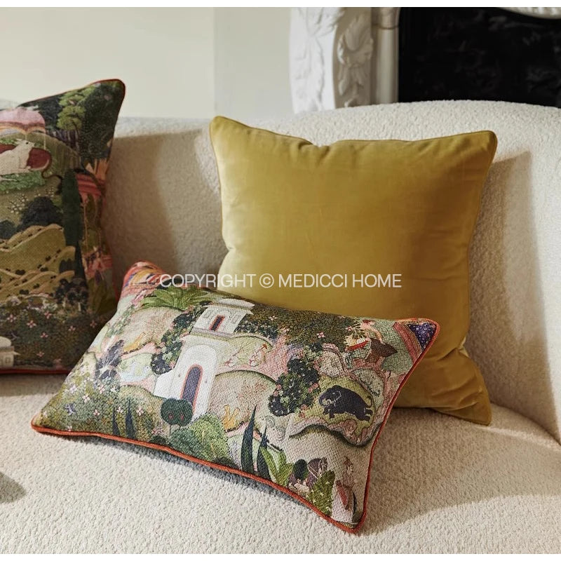 taies d'oreiller patchwork vintage motifs paysagers personnages respectueux environnement vert beige orange decoration maison