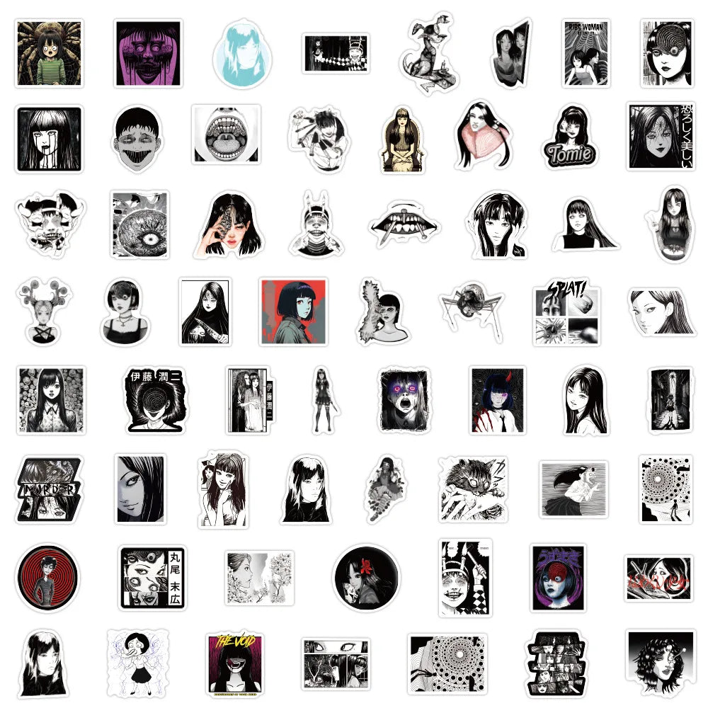 stickers adhésifs étanches gothiques manga abstraits visages grimaçants tomie kawakami junji ito