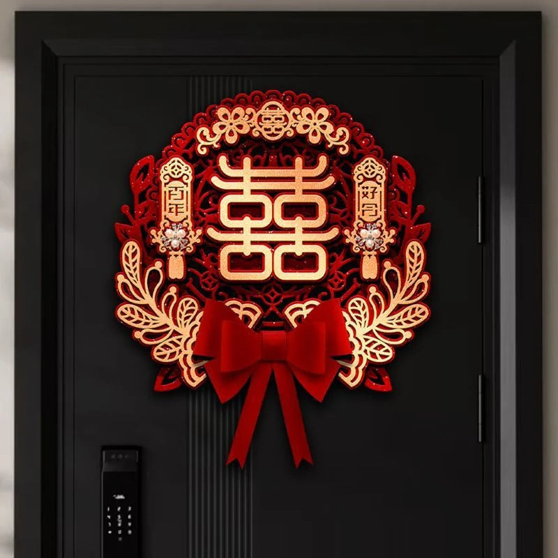décoration murale mariage motif chinois fleurs rubans adhésif rouge artisanal 38cmx36cm doublejoie caractères