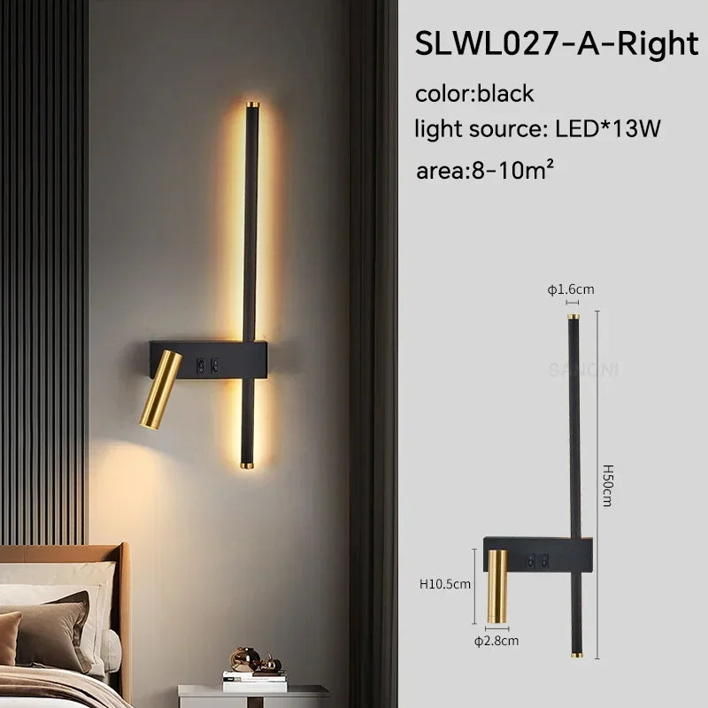 lampe murale led moderne fixée mur éclairage vertical minimaliste noir doré