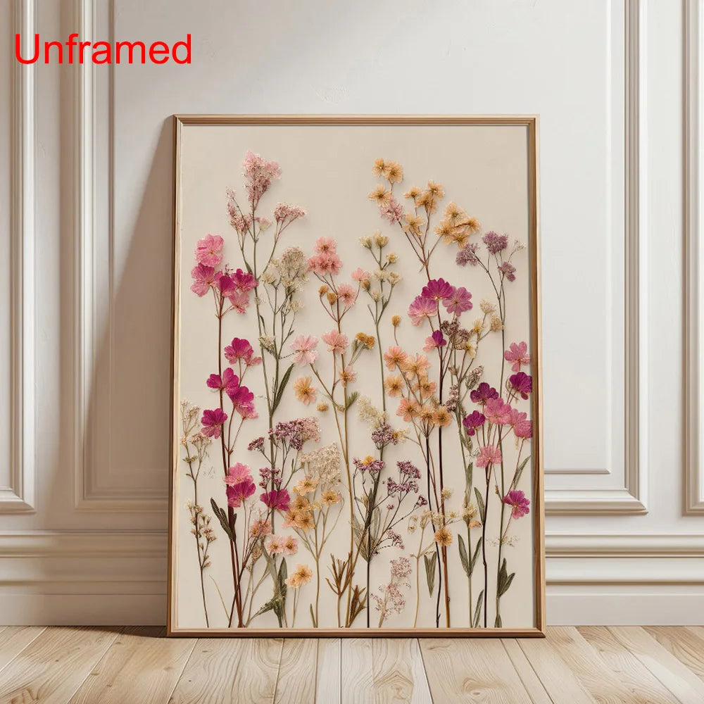 tableau moderne fleurs séchées rose blanc beige opaque minimaliste decoration mur arrangement naturelle