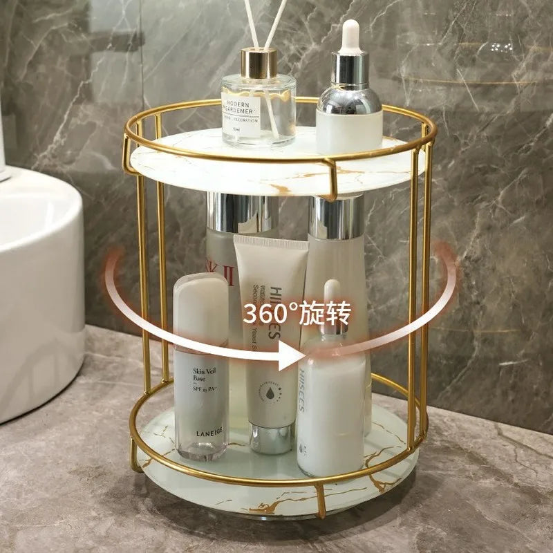 support rangement moderne or marbre cosmétiques flacons blancs roses élégant salle bain