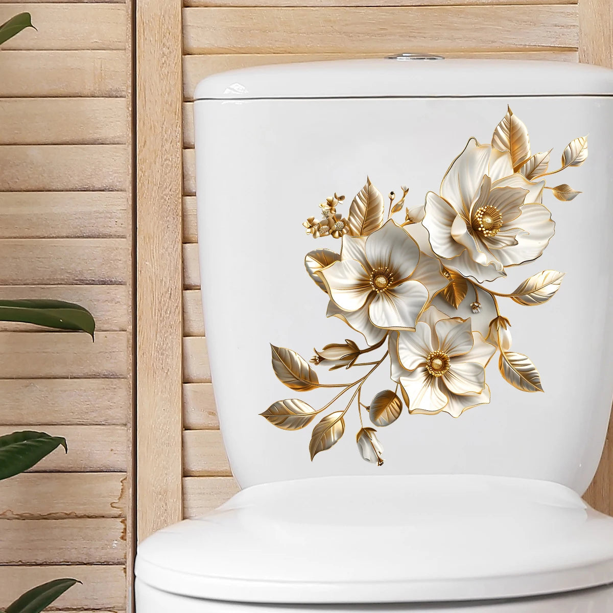 sticker mural autoadhésif plante fleurs stylisées élégant deco salle bains blanc doré PVC détachable