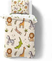 housse couette animaux savane lion zèbre girafe feuilles palmiers motif enfant chambre jungleversible couverture