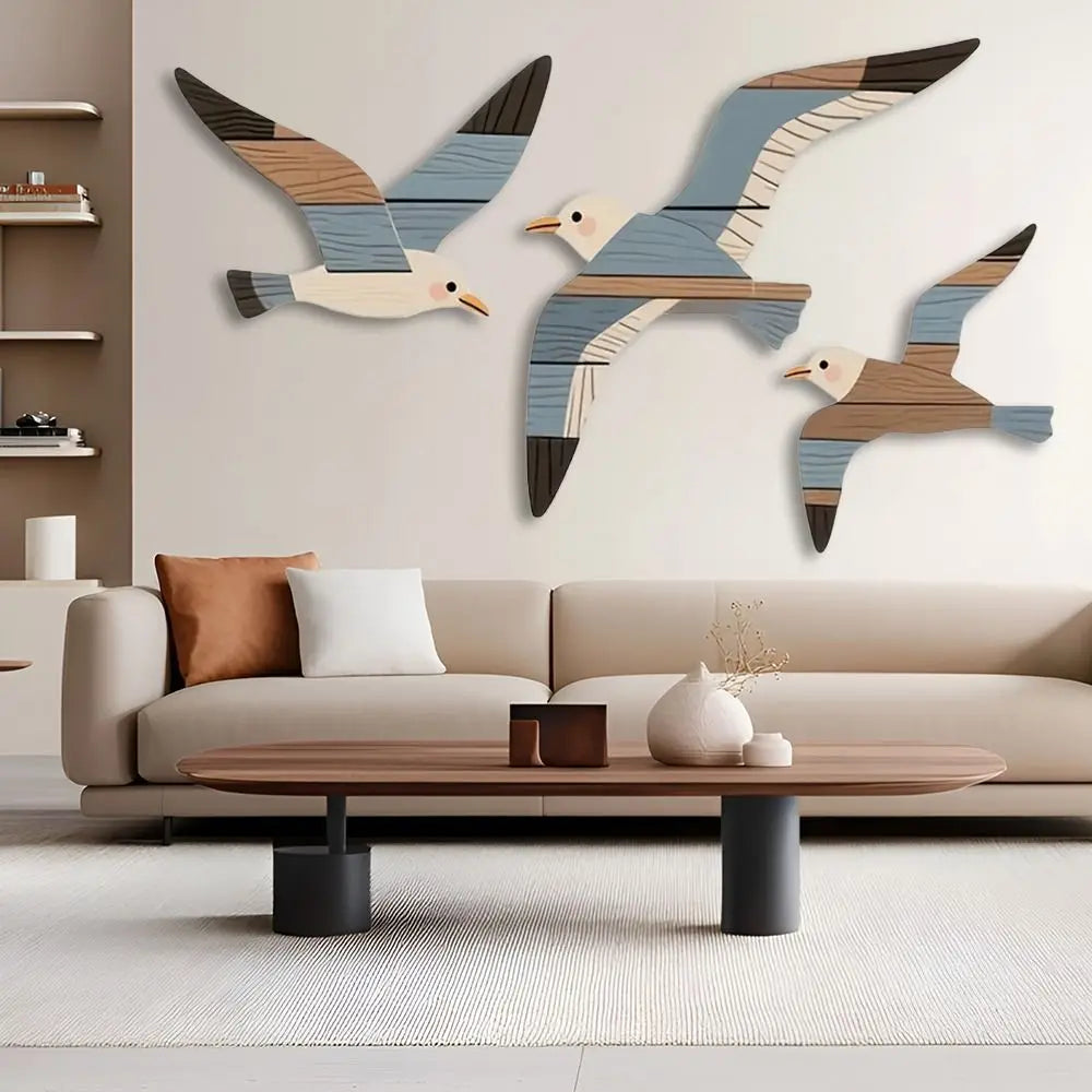 décoration murale moderne oiseaux marin bois rayures horizontales beige bleu brun