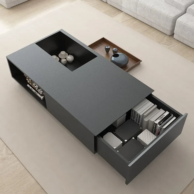 table basse moderne minimaliste métal panneau bois noir rectangle 15mm