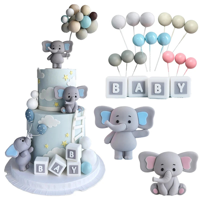 décoration anniversaire éléphants figurines boules mignonnes cartoonesques gris bleu rose