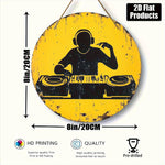 décoration murale ronde dj graphique vintage jaune noir silhouettes platines casque accrochage grunge