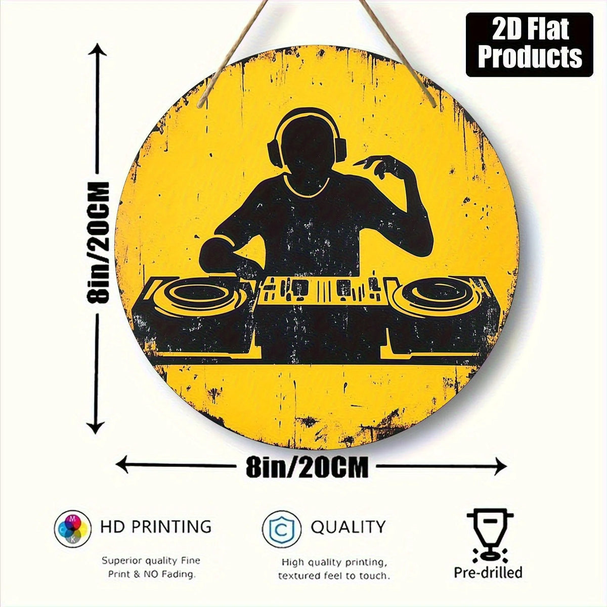 décoration murale ronde dj graphique vintage jaune noir silhouettes platines casque accrochage grunge