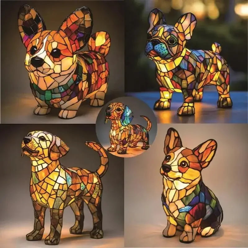 lampe posée chien multicolore mosaïque art deco résine opaque chambre salon