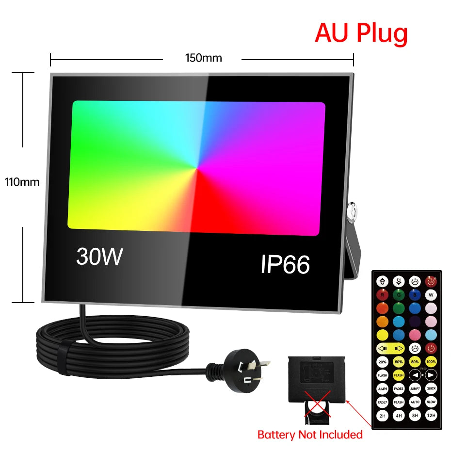 projecteur led rgb ip66 étanche extérieur télécommande réglage luminosité noir moderne