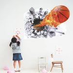 autocollant mural 3d sportif balle basket rayures noires fond texturé béton orange dynamique chambre
