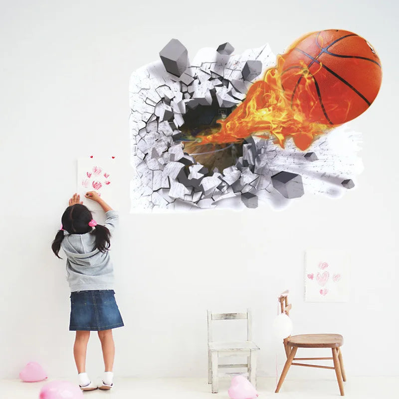 autocollant mural 3d sportif balle basket rayures noires fond texturé béton orange dynamique chambre
