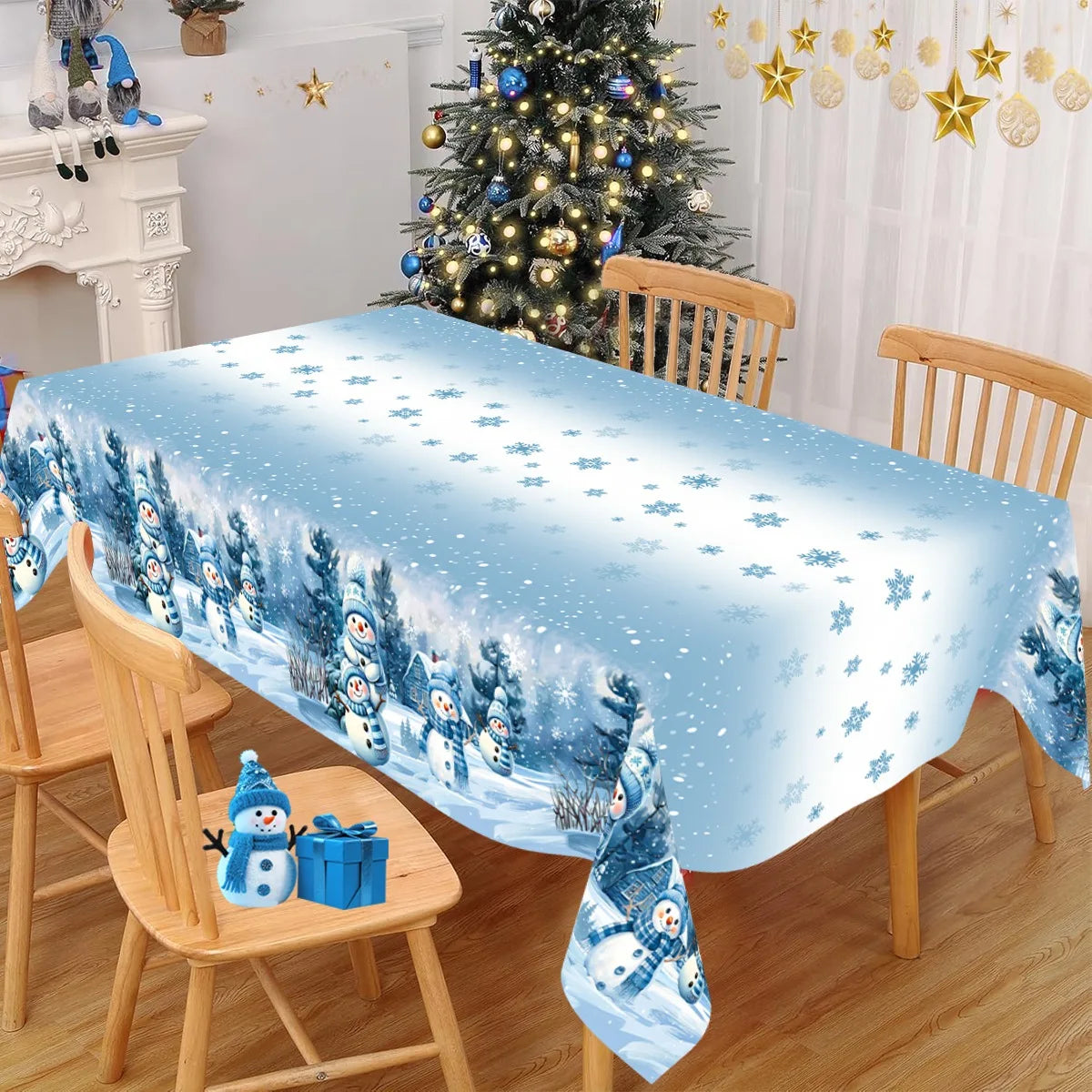 nappe hiver noel bonhommes neige flocons arbre decorations guirlandes cadeaux bougies festive table