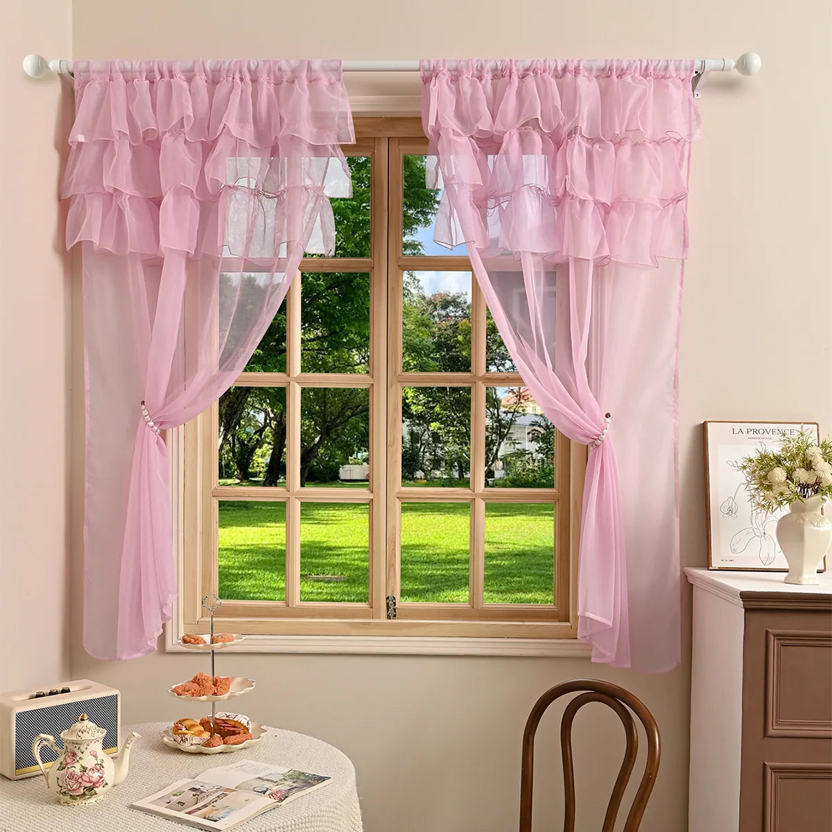 rideau rose clair tulle pompons transparent classique 100cm 130cm 250cm 132cm 140cm 213cm 260cm