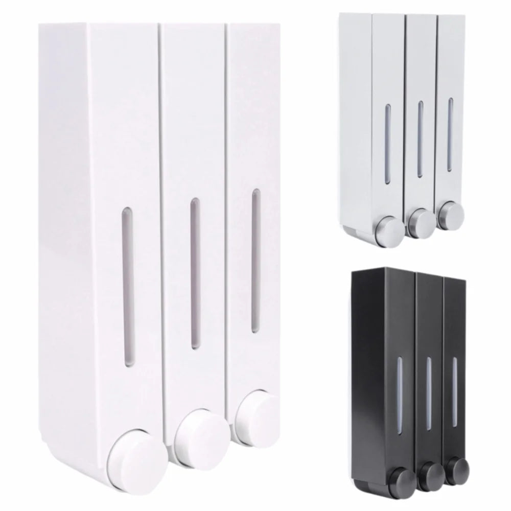 distributeur savon mural rechargeable blanc gris moderne minimaliste adhésif boutons déclenchement fenêtre transparente